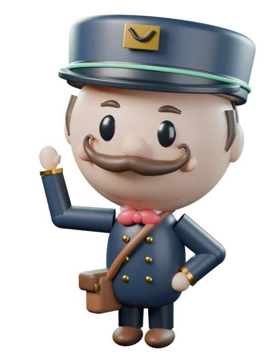Théodule, figurine de facteur rétro à casquette, moustache en guidon et sacoche, qui fait coucou